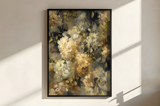 Close-up of Olive Gold Blossom showing expressive painterly brushwork with warm ivory and golden-cream flower clusters and olive foliage