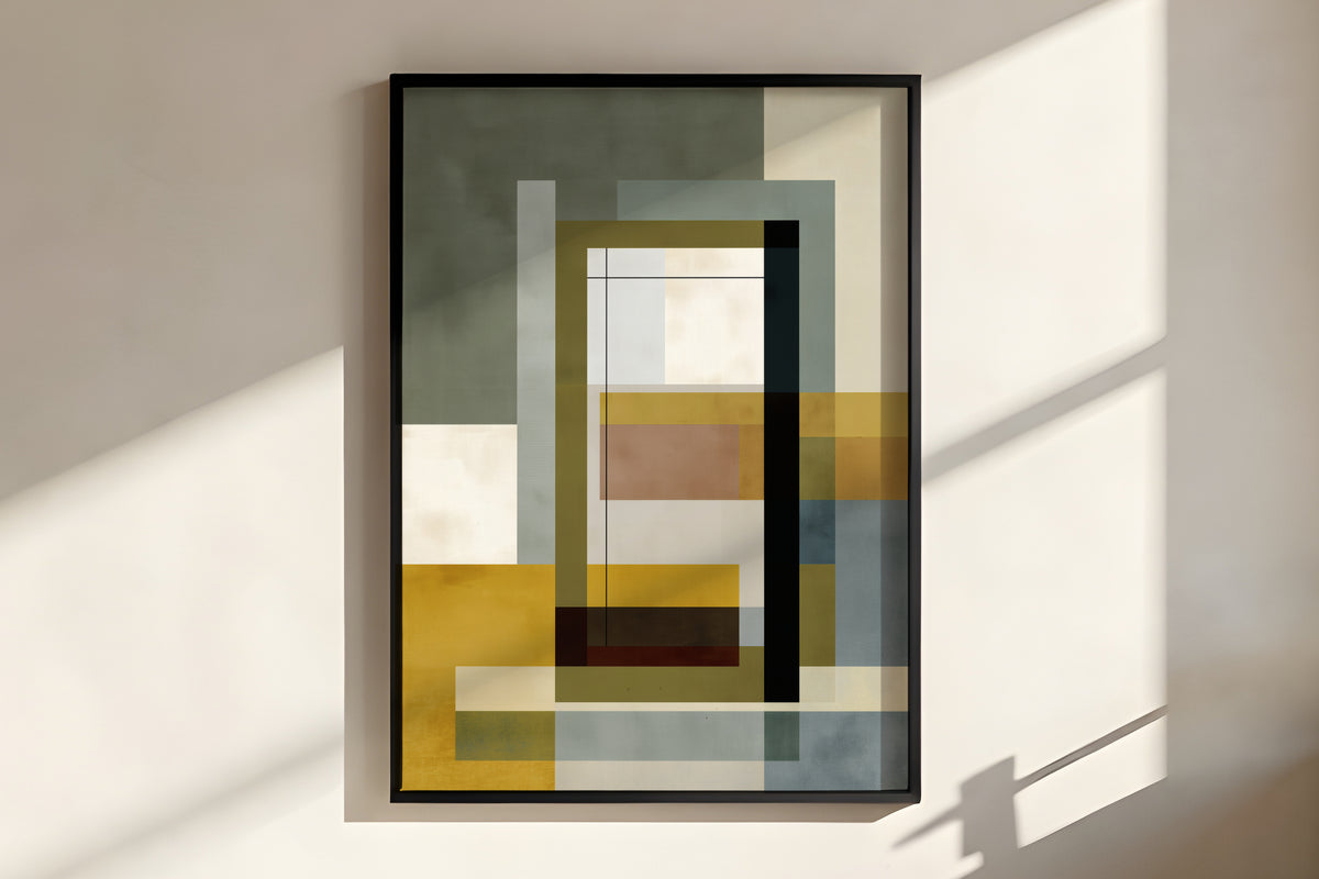 Close-up of Sage Ochre Window showing matte painted canvas texture and layered hard-edge rectangular window fields