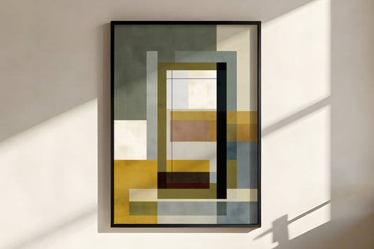 Close-up of Sage Ochre Window showing matte painted canvas texture and layered hard-edge rectangular window fields