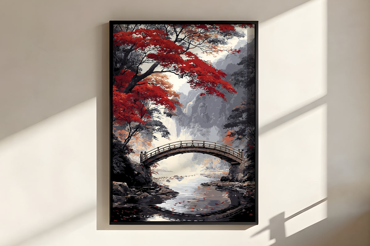 Close-up of Crimson Bridge Reverie showing bridge arch detail and fallen red petals on rocky stream surface