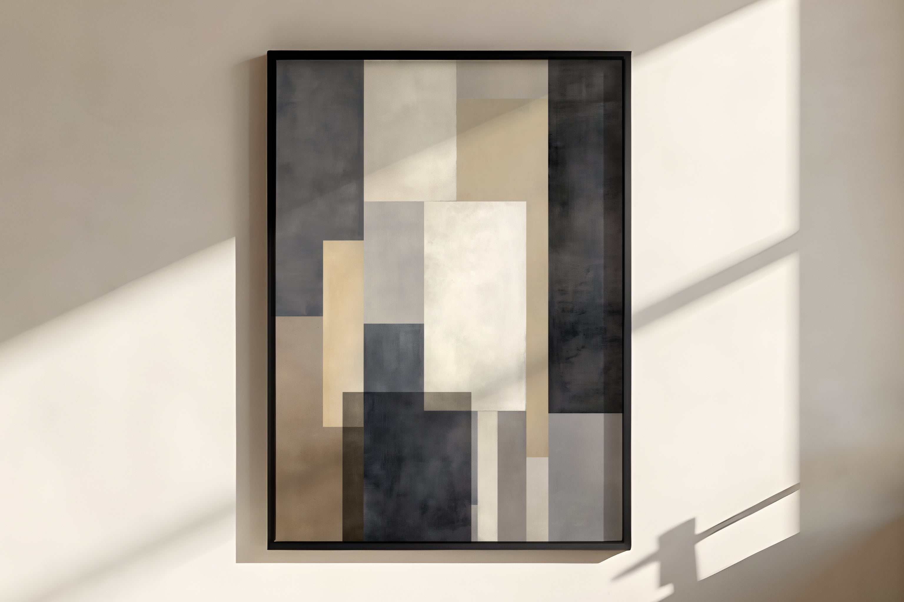 Close-up of Graphite Sand Interval showing matte painted canvas texture and overlapping hard-edge rectangular colour fields