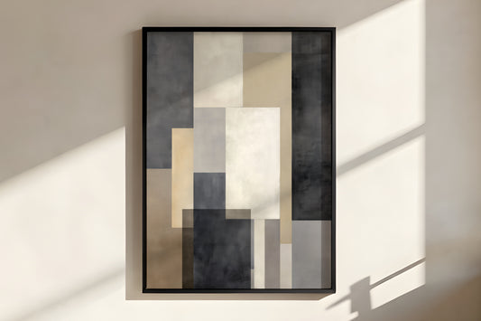 Close-up of Graphite Sand Interval showing matte painted canvas texture and overlapping hard-edge rectangular colour fields