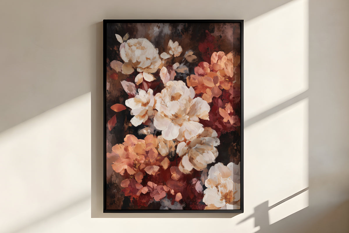 Close-up of Terracotta Peony Nocturne showing richly layered peony petal brushwork with cream ivory focal forms and warm terracotta and rose surrounds