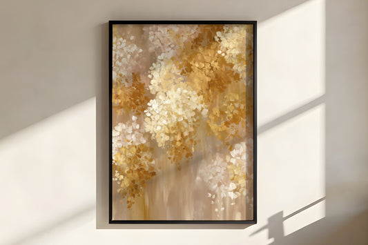 Close-up of Champagne Petal Drift showing delicate cascading petal cluster brushwork in champagne cream and golden-amber on warm taupe ground