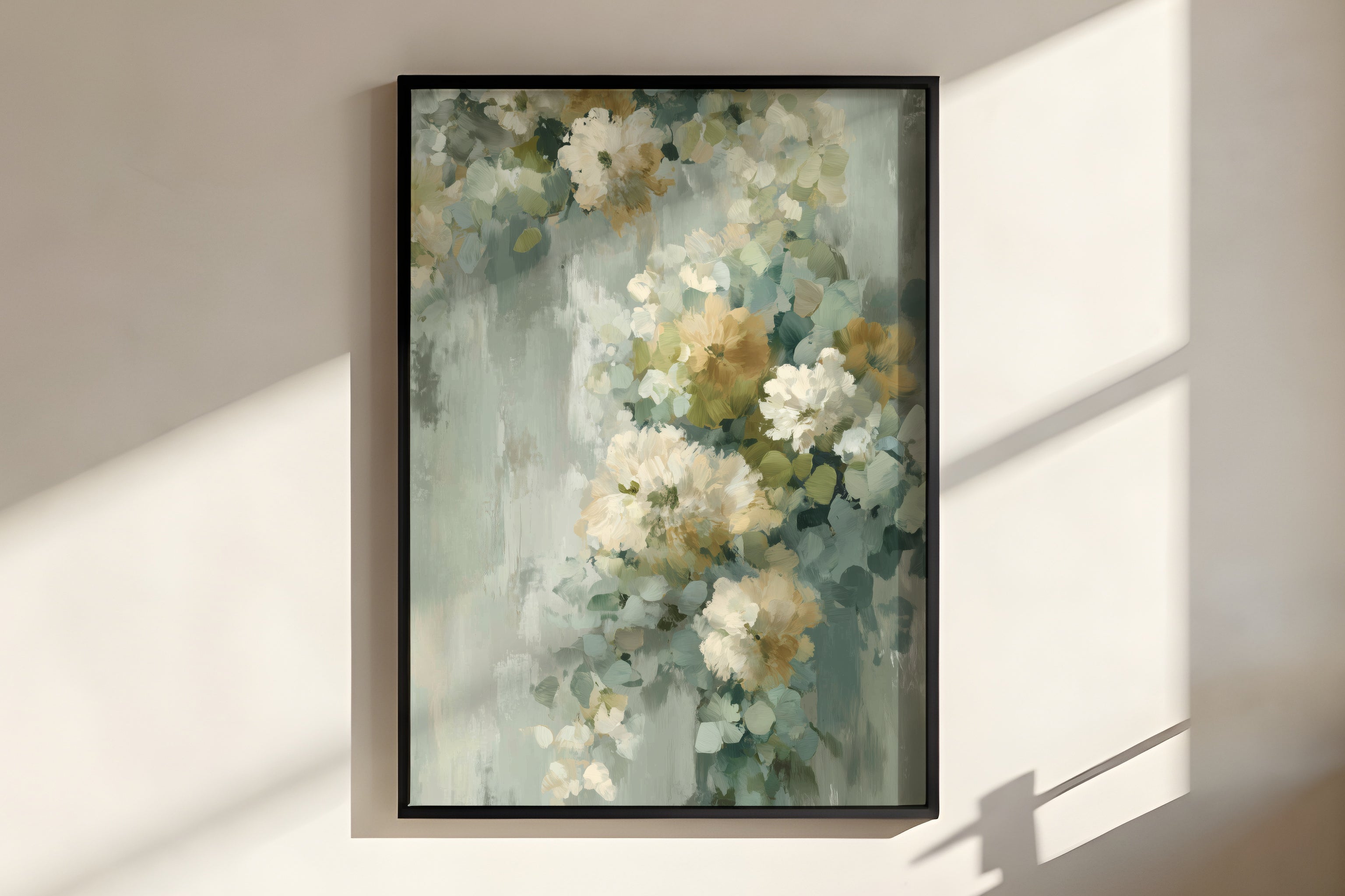 Close-up of Sage Mist Blossom showing cascading botanical flower and foliage brushwork in cream, sage green, and muted amber on pale sage mist ground
