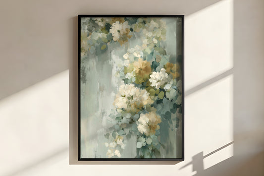 Close-up of Sage Mist Blossom showing cascading botanical flower and foliage brushwork in cream, sage green, and muted amber on pale sage mist ground
