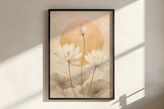 Close-up of Ivory Lotus Sun showing lotus petal detail and soft ink-wash stem texture