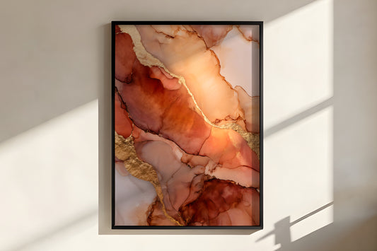Close-up of Terracotta Gold showing translucent terracotta ink layers with bold antique gold veining