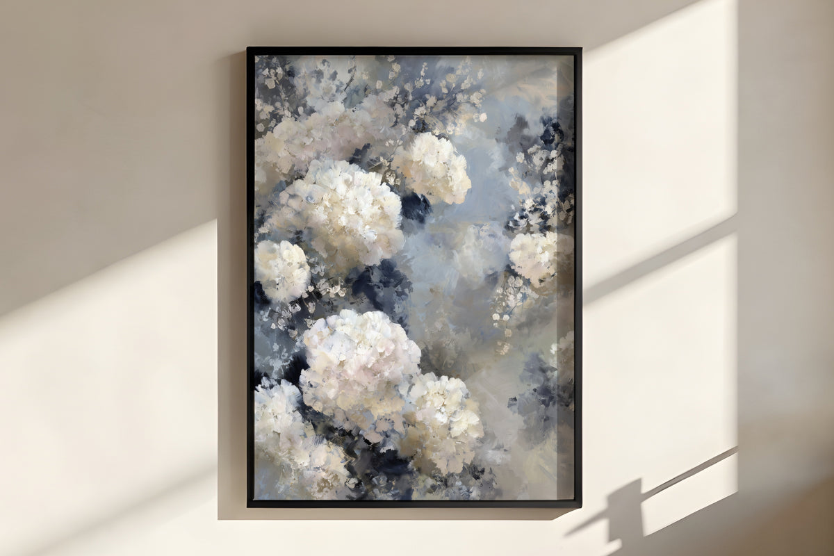 Close-up of Pearl Grey Bloom showing soft pompom flower cluster brushwork with delicate small sprays on atmospheric pearl grey ground