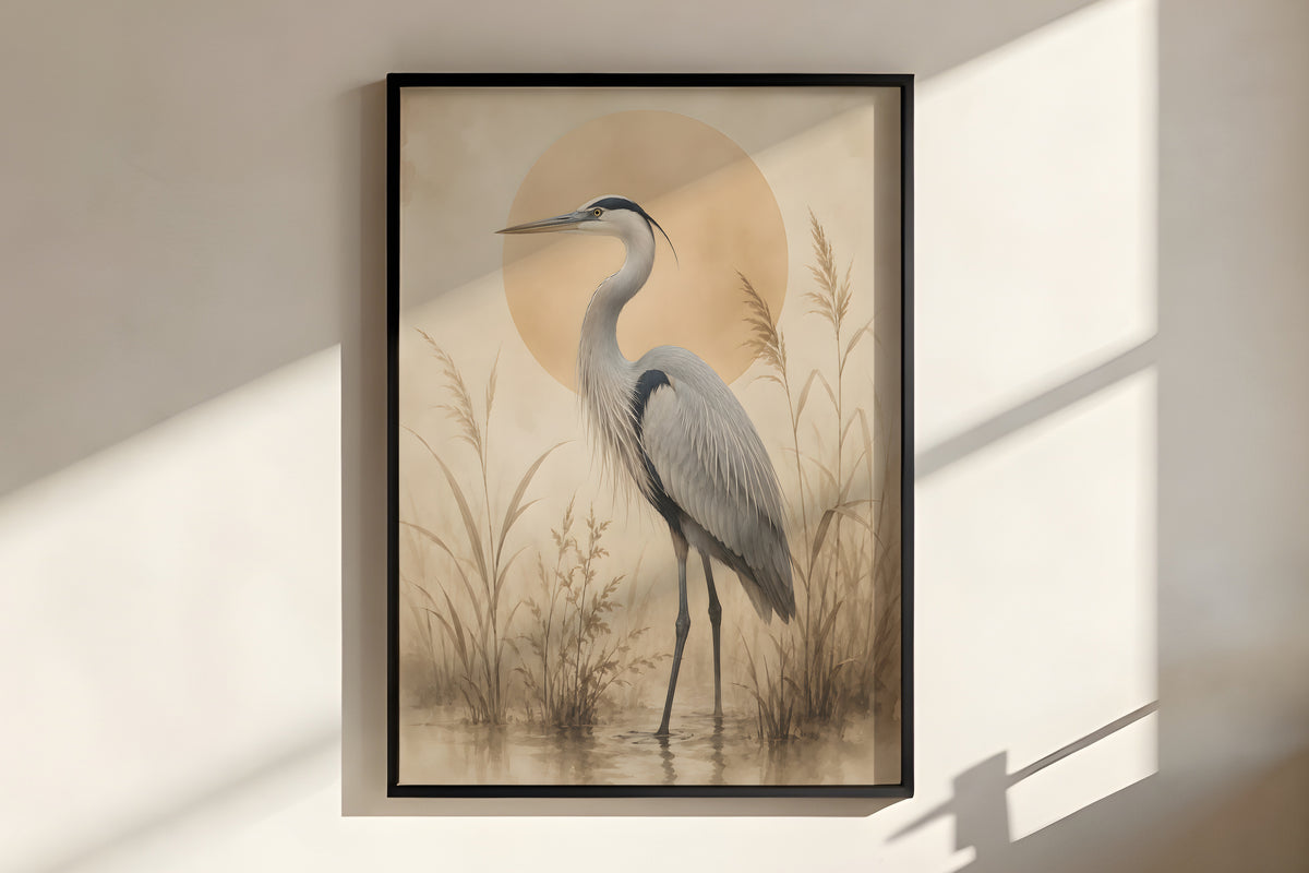 Close-up of Ivory Heron Marsh showing heron feather detail and soft reed ink-wash texture