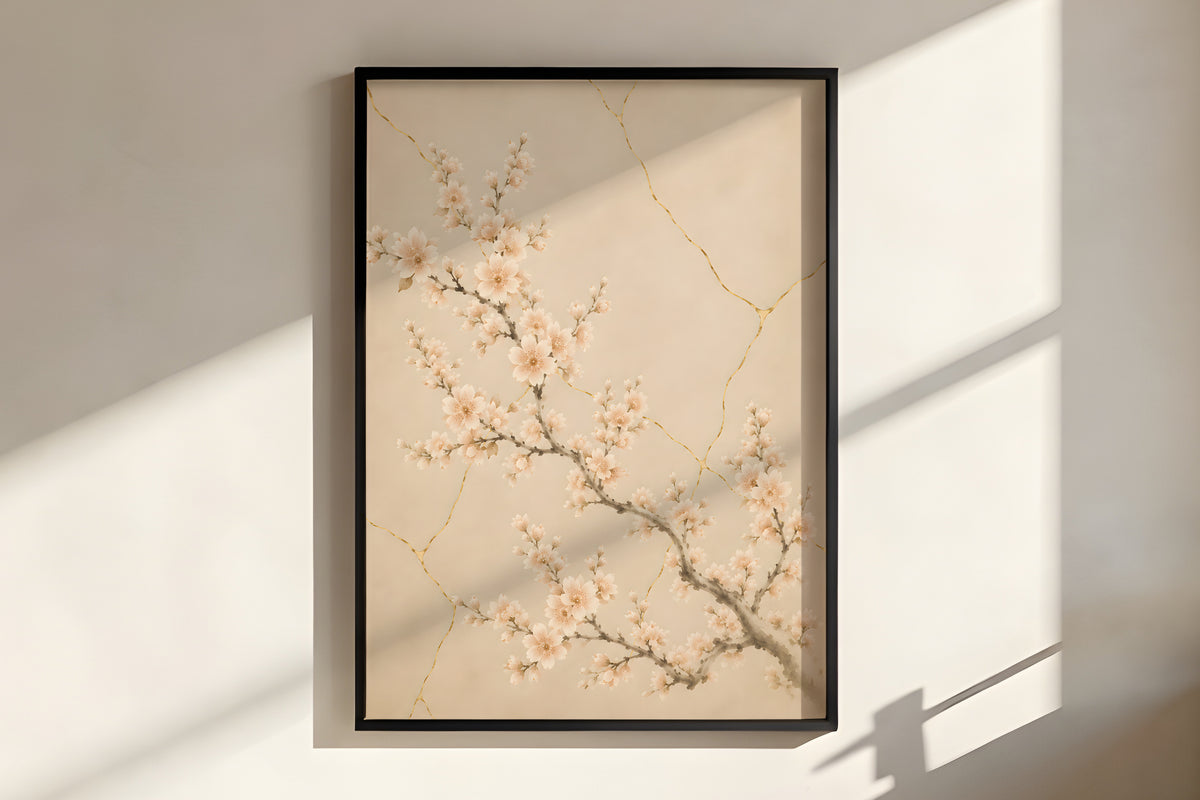 Close-up of Ivory Kintsugi Bloom showing gold kintsugi line detail and delicate cherry blossom texture