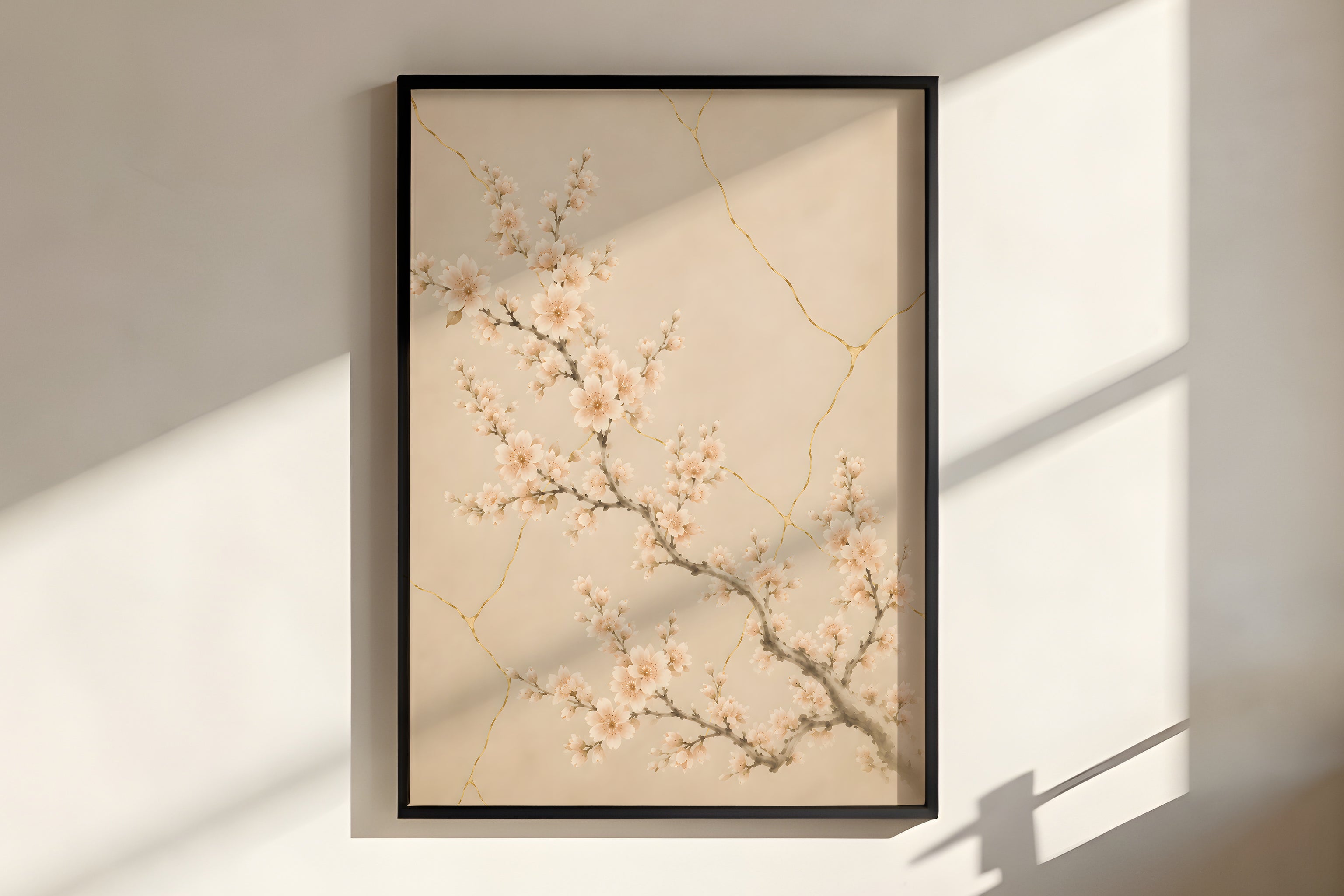 Close-up of Ivory Kintsugi Bloom showing gold kintsugi line detail and delicate cherry blossom texture