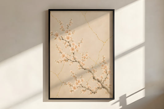 Close-up of Ivory Kintsugi Bloom showing gold kintsugi line detail and delicate cherry blossom texture