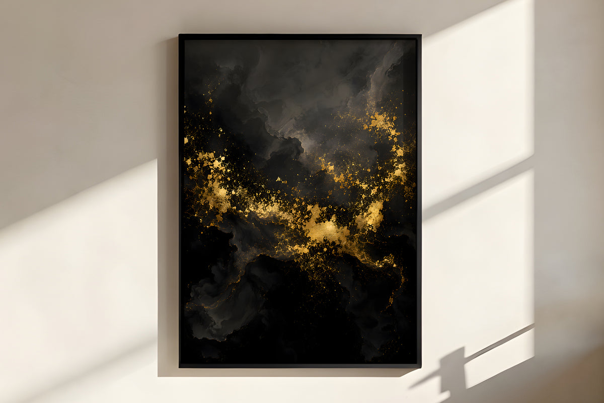 Close-up of Obsidian Gold Drift showing rich layered fluid ink texture with warm gold passages through deep black