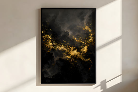Close-up of Obsidian Gold Drift showing rich layered fluid ink texture with warm gold passages through deep black