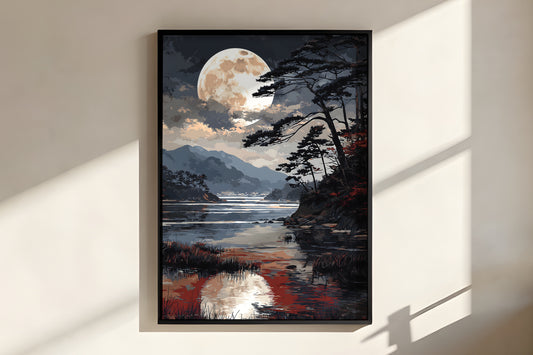 Close-up of Indigo Moon Inlet showing moon reflection corridor on still water and crimson foliage on rocky shoreline