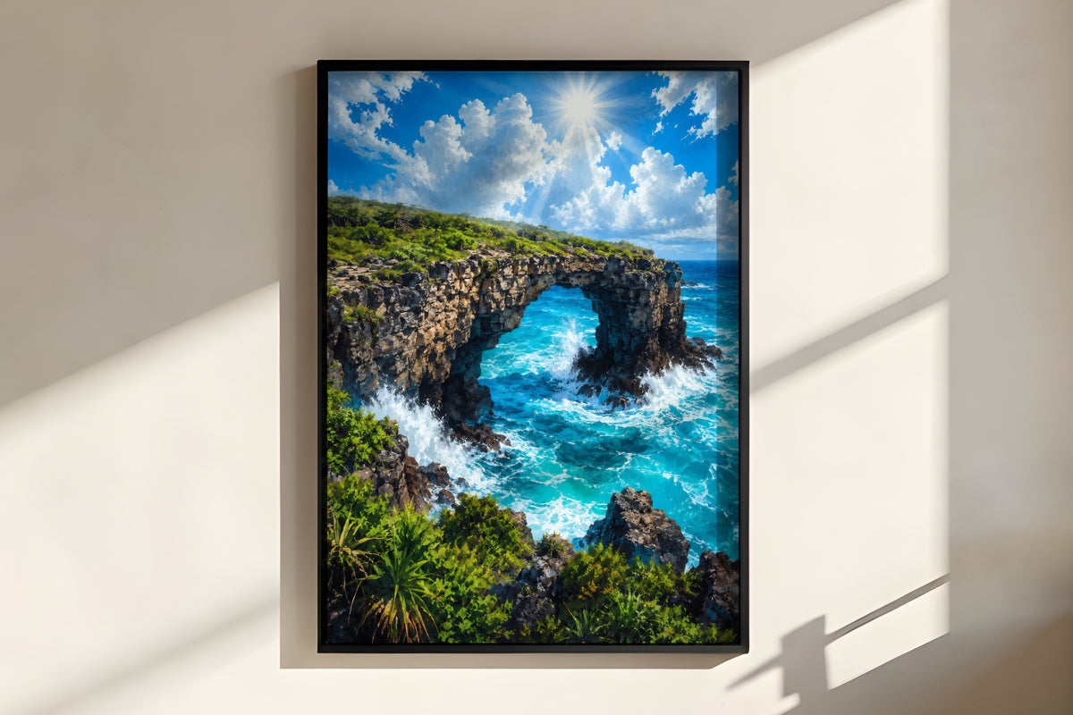 Close-up of Pont Naturel Arch showing painterly coral rock texture and electric turquoise wave detail