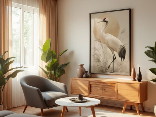 Ivory Crane Sun displayed in a styled interior — Japandi crane wall art above console