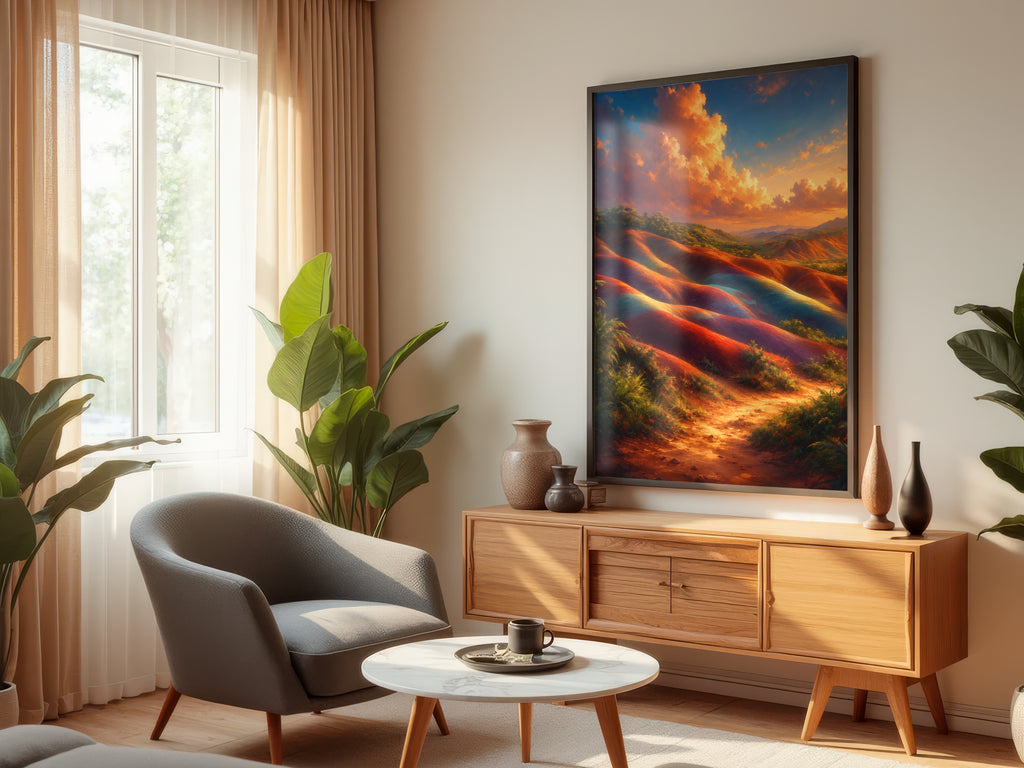 Seven Coloured Earth displayed in a styled interior — Mauritius Chamarel landscape wall art above console