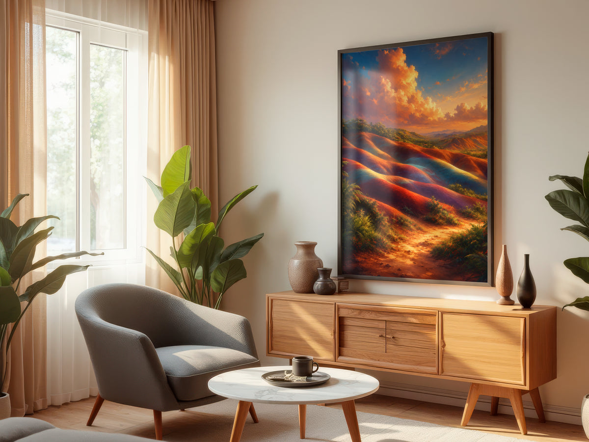 Seven Coloured Earth displayed in a styled interior — Mauritius Chamarel landscape wall art above console