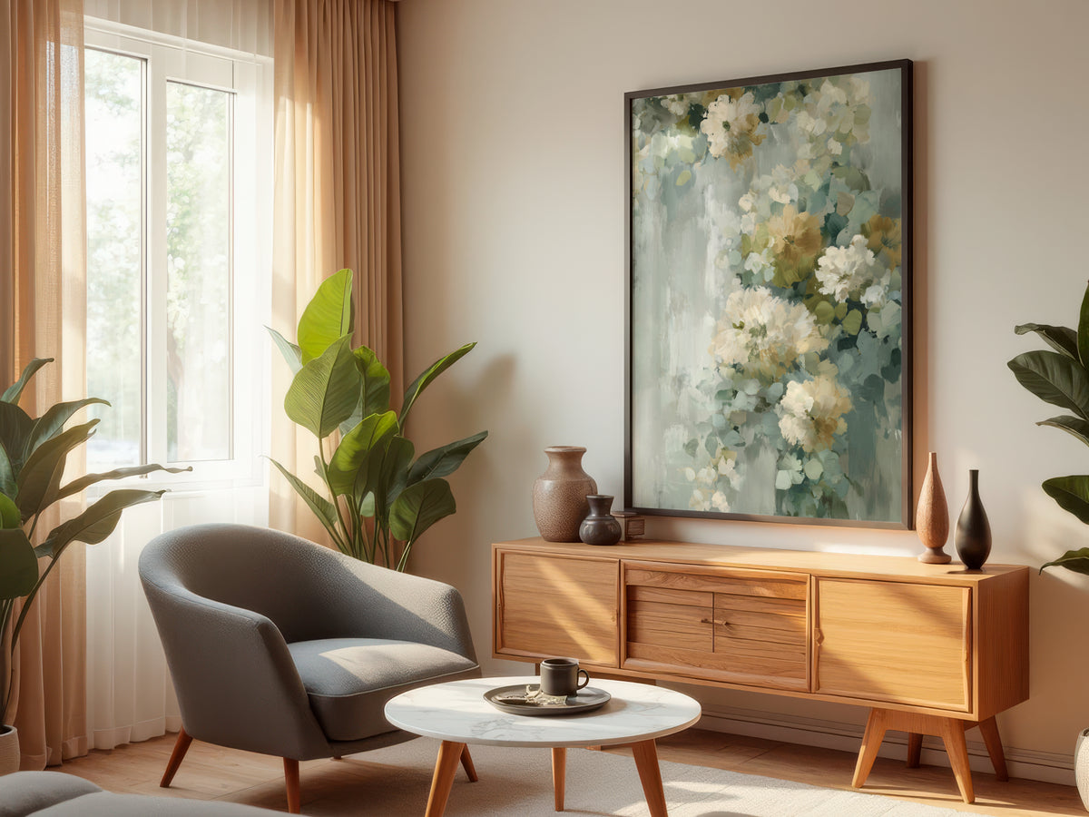 Sage Mist Blossom displayed in a styled interior — premium interior with sage, white, grey, or warm neutral walls