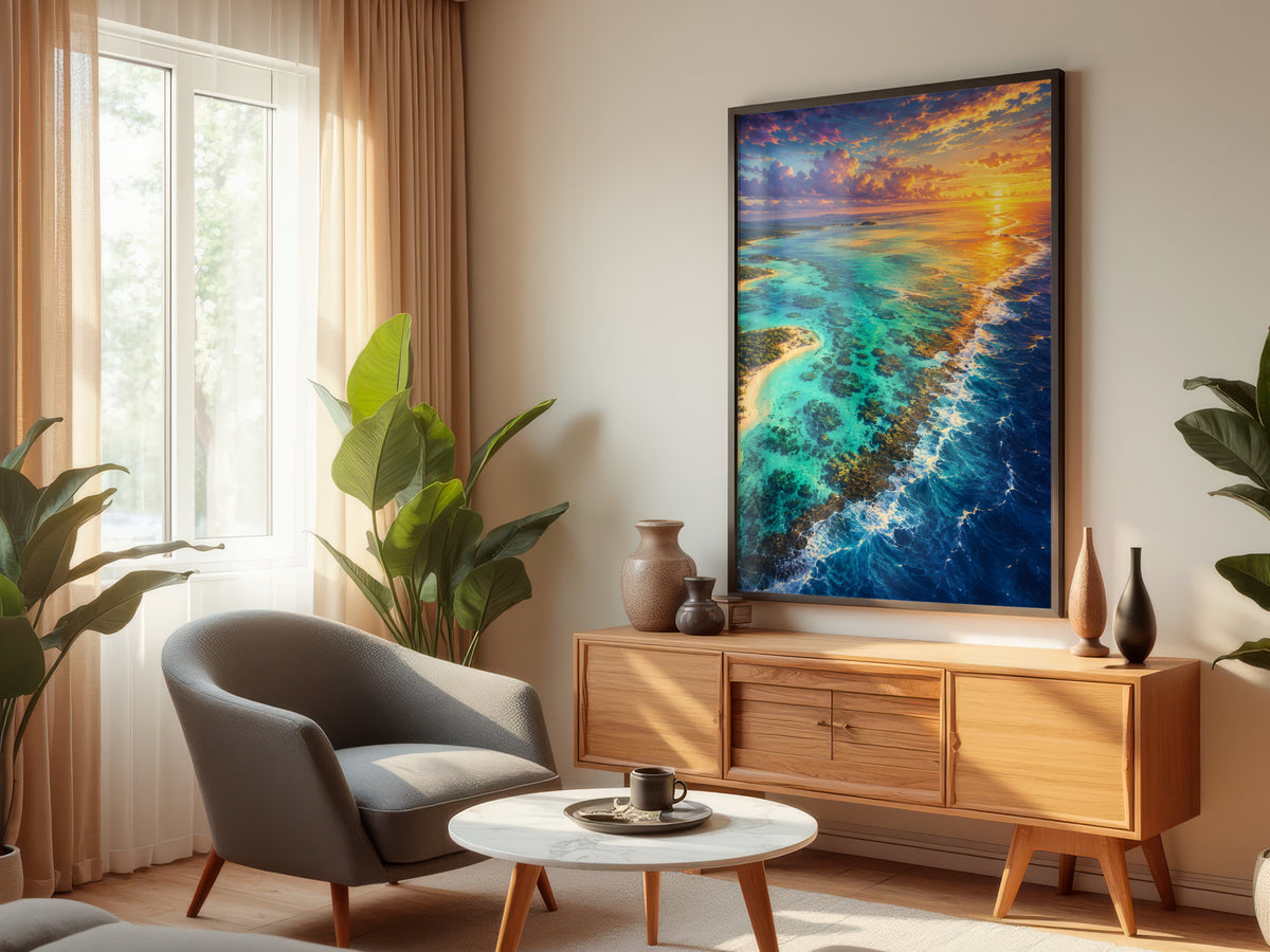 Blue Bay Reef Dawn displayed in a styled interior — tropical coastal and dramatic contemporary interior