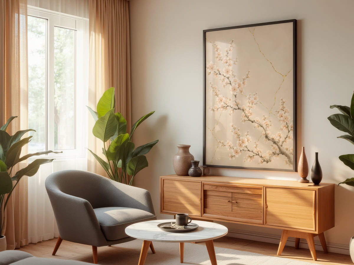Ivory Kintsugi Bloom displayed in a styled interior — Japandi kintsugi blossom wall art above console