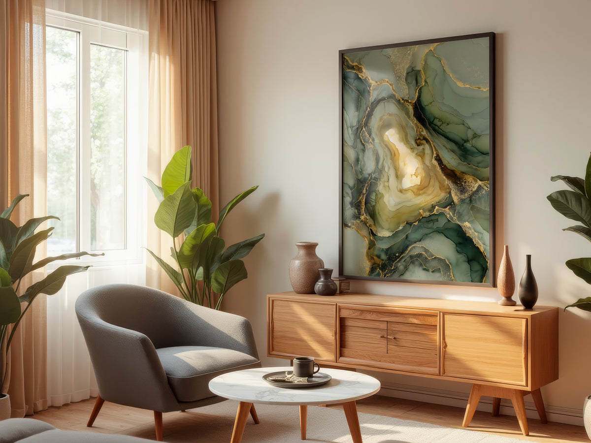 Sage Gold displayed in a styled interior — organic modern living room
