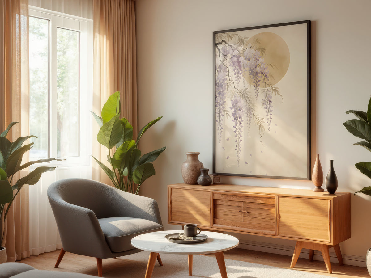 Ivory Wisteria Fall displayed in a styled interior — Japandi wisteria wall art above console