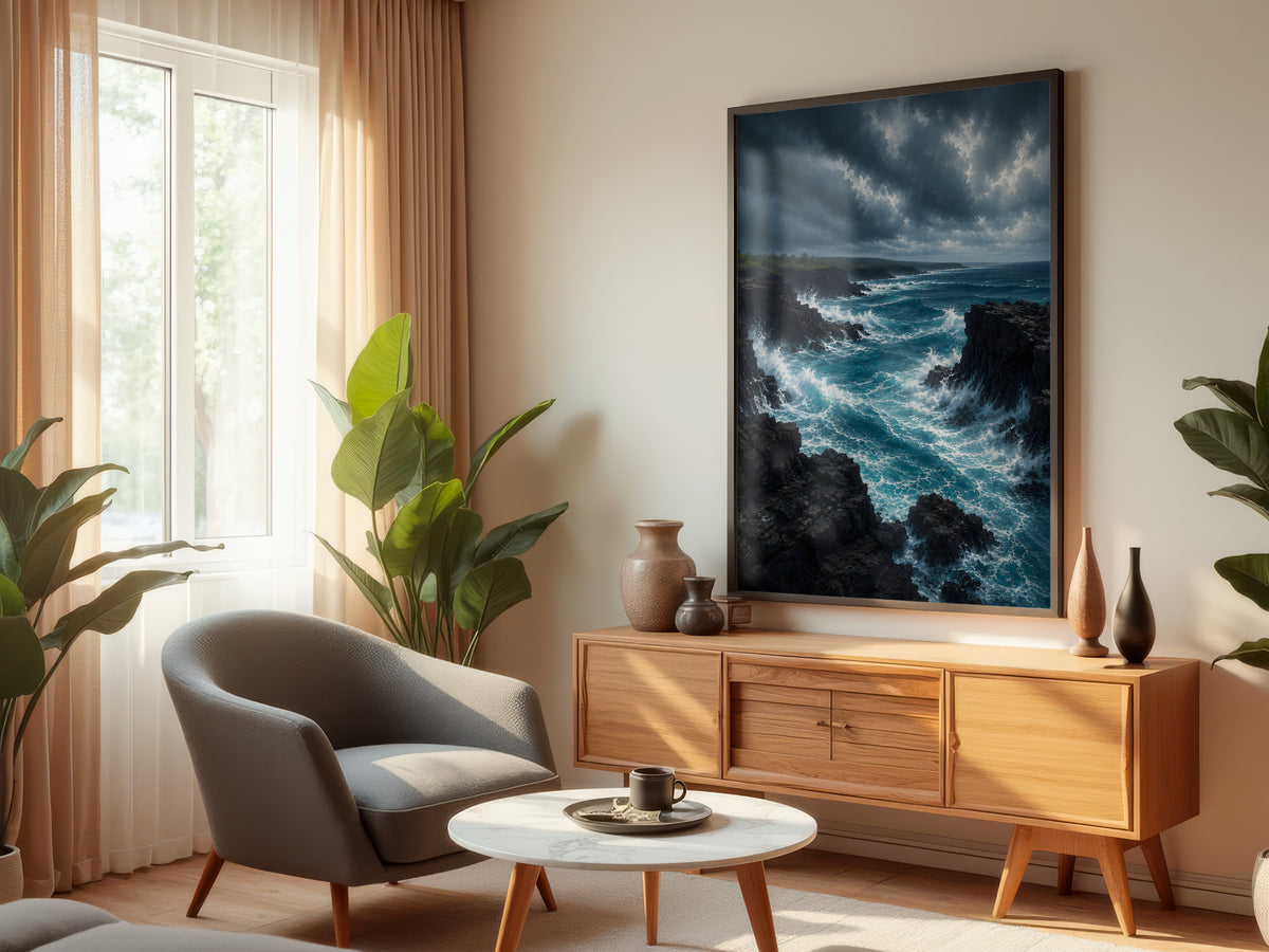 Black Volcanic Coastline displayed in a premium interior — printable Mauritius dark coastal wall art