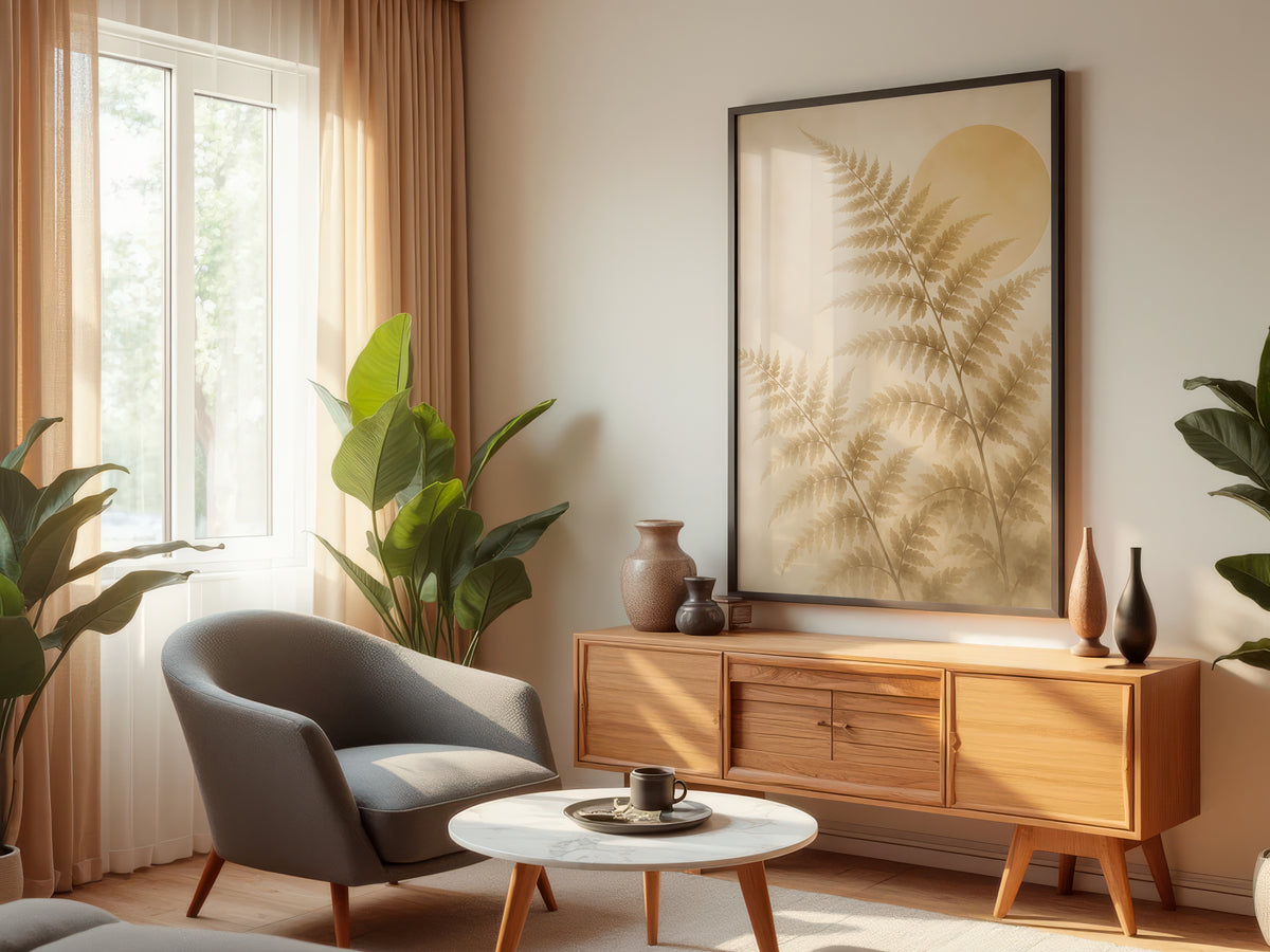 Ivory Fern Frond displayed in a styled interior — Japandi fern wall art above console