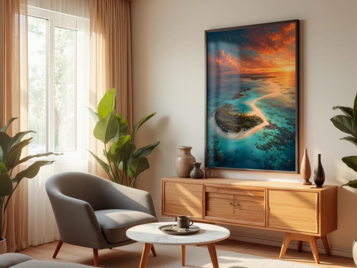 Île aux Cerfs displayed in a styled interior — Mauritius aerial coastal wall art above console