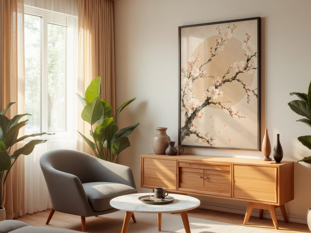 Ivory Plum Blossom displayed in a styled interior — Japandi plum blossom wall art above console