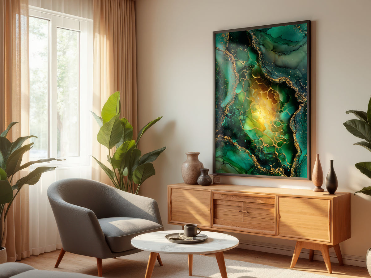 Emerald Gold abstract print displayed in a styled interior — living room hero mockup