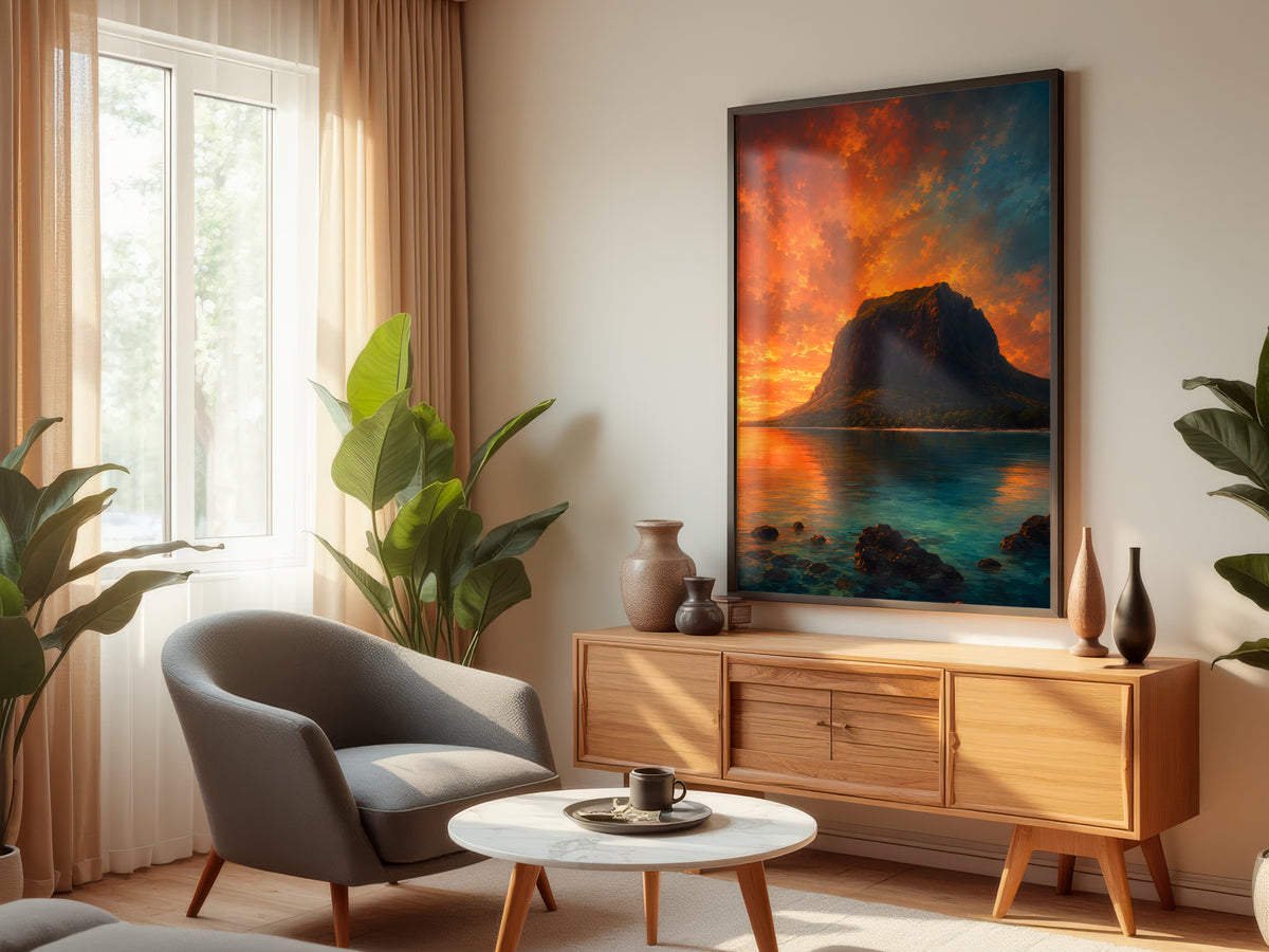 Le Morne Dusk Fire displayed in a styled interior — dramatic Mauritius sunset wall art above console