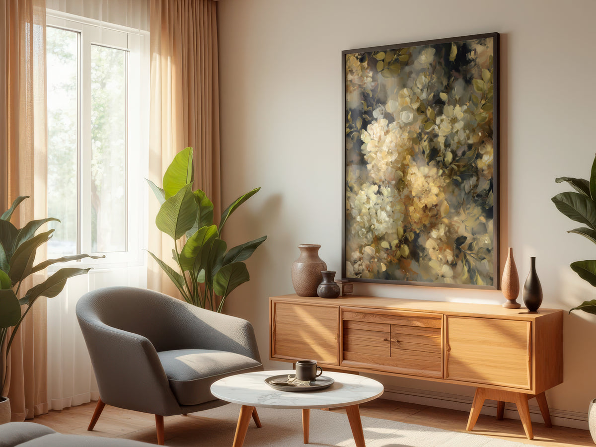 Olive Gold Blossom displayed in a styled interior — premium interior with warm, neutral, earthy, or dark walls