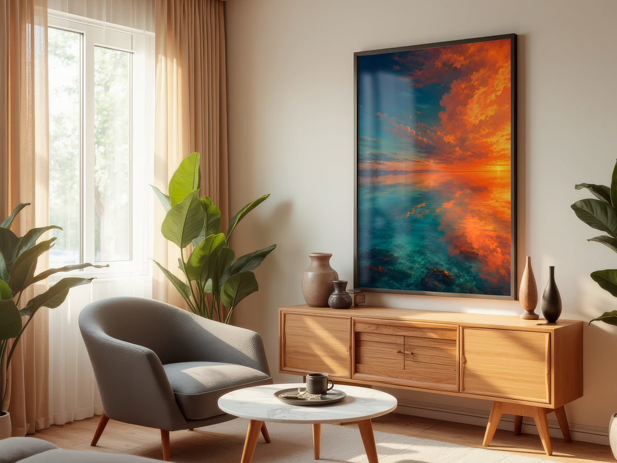 Lagoon Surface Dreaming displayed in a styled interior — Mauritius abstract coastal wall art above console
