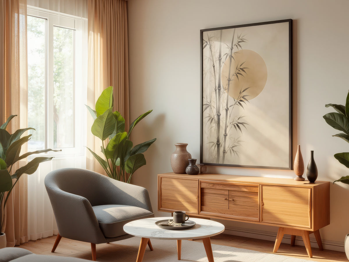 Ivory Bamboo Grove displayed in a styled interior — Japandi bamboo wall art above console