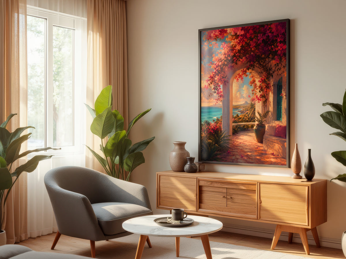 Bougainvillea Veranda Light displayed in a styled interior — Mauritius tropical floral wall art above console