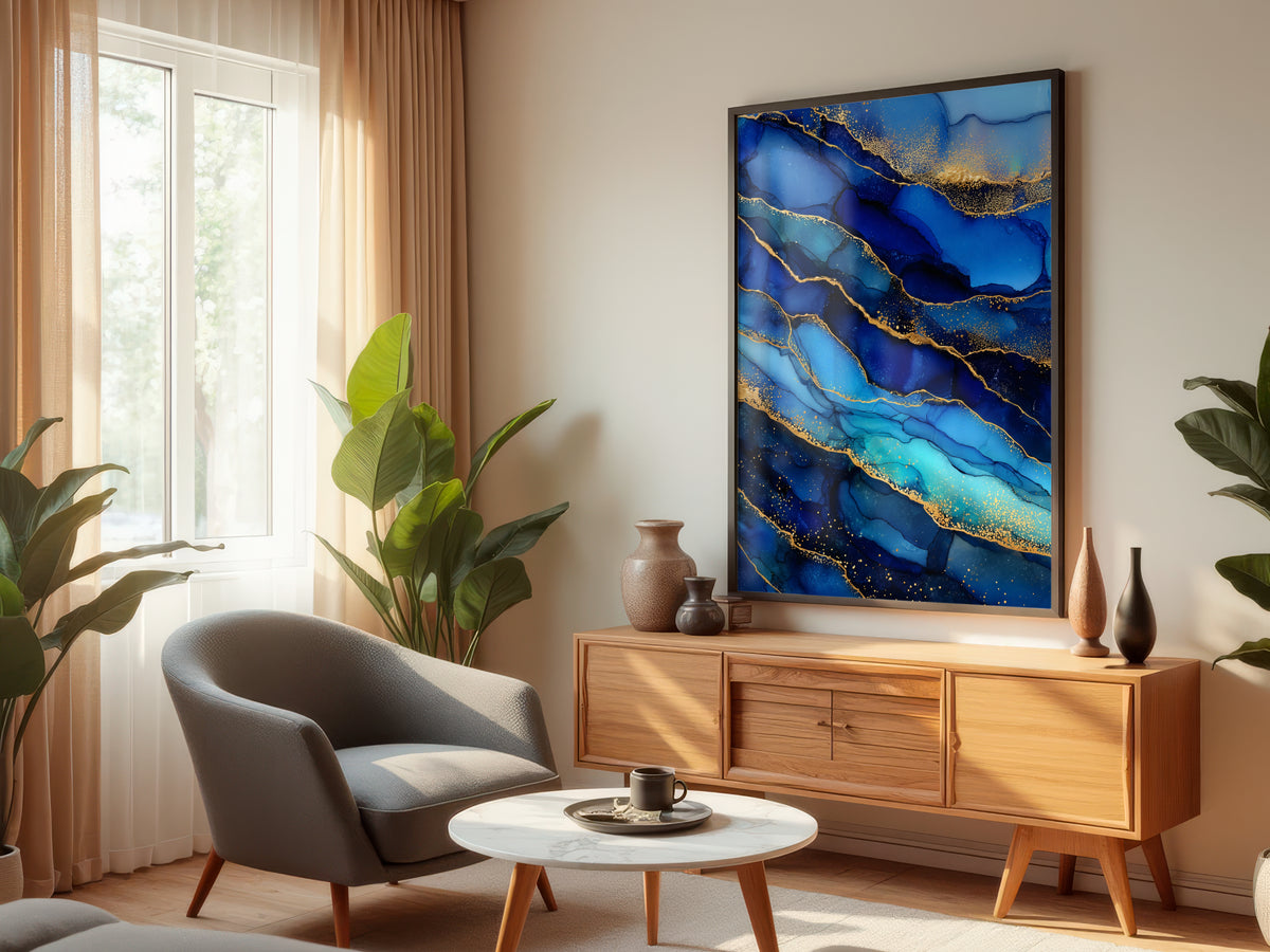 Cobalt Gold abstract print displayed in a styled interior — living room hero mockup