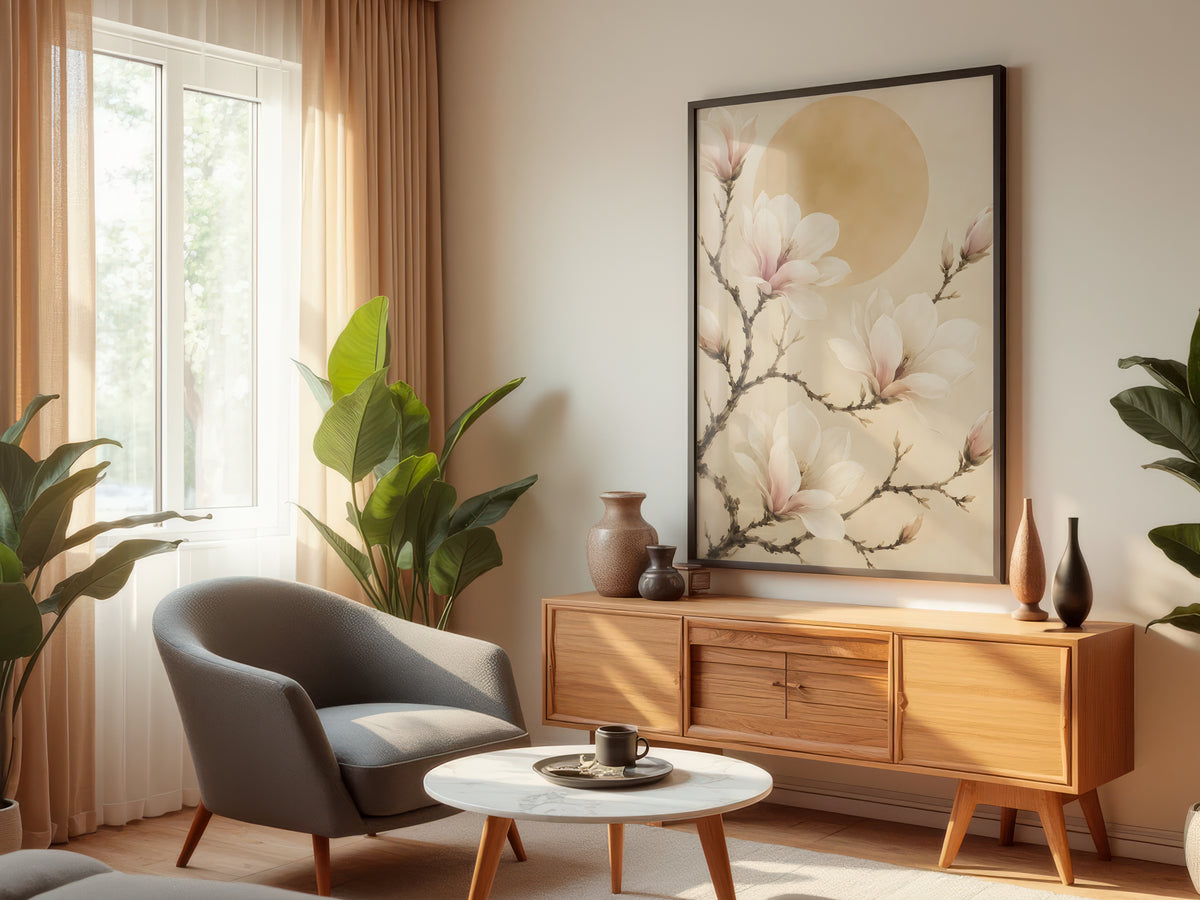 Ivory Magnolia Branch displayed in a styled interior — Japandi floral wall art above console