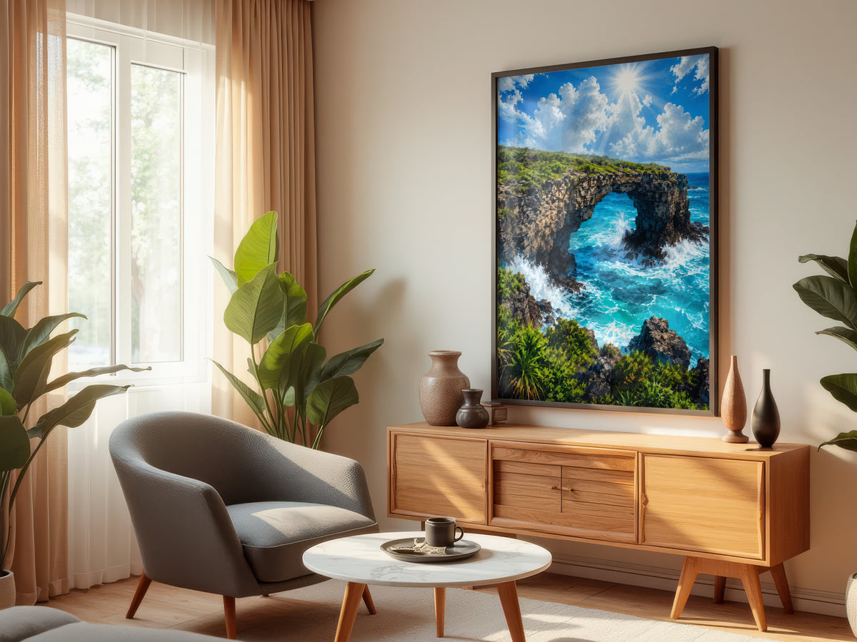 Pont Naturel Arch displayed in a styled interior — tropical coastal and contemporary interior