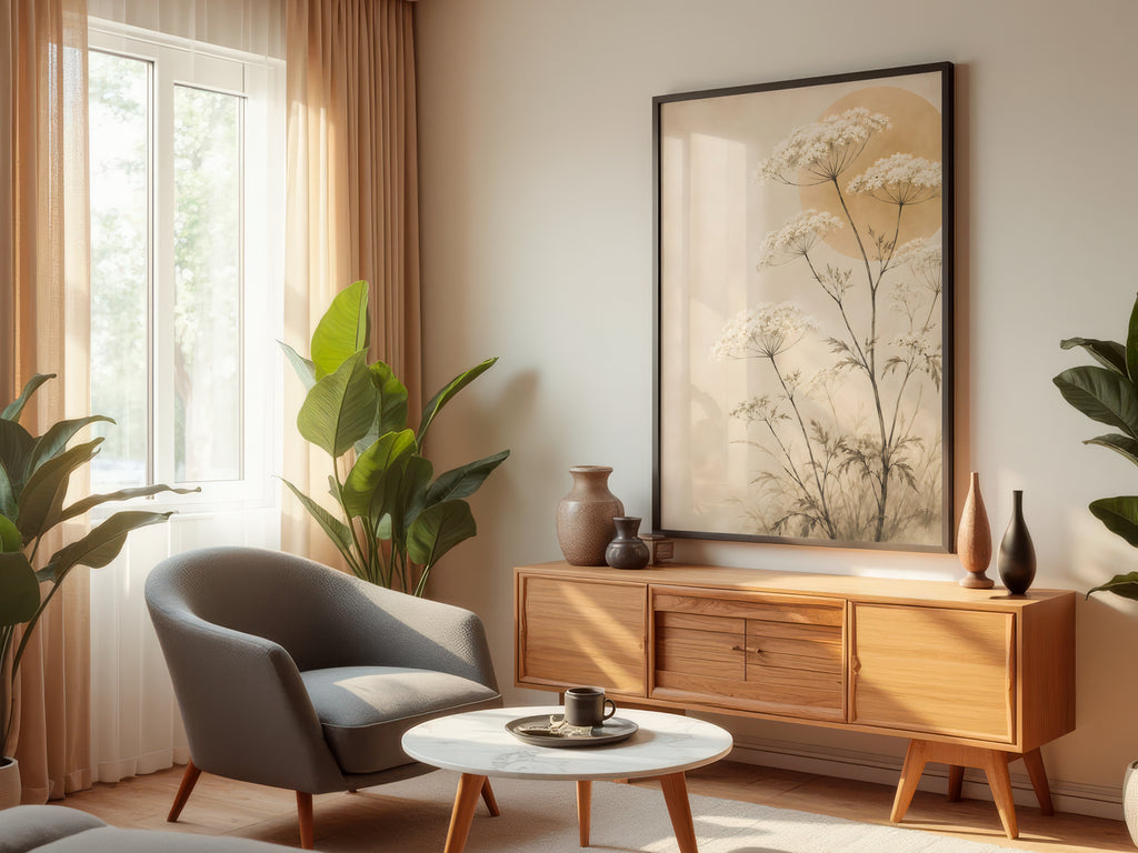 Ivory Wild Herbs displayed in a styled interior — Japandi botanical wall art above console