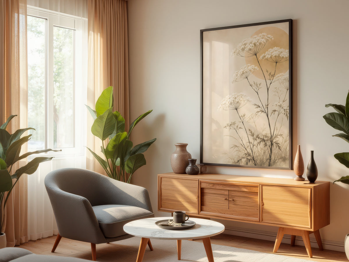 Ivory Wild Herbs displayed in a styled interior — Japandi botanical wall art above console