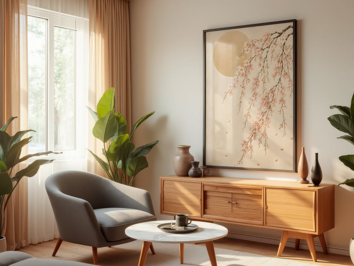 Ivory Blossom Arc displayed in a styled interior — Japandi cherry blossom wall art above console