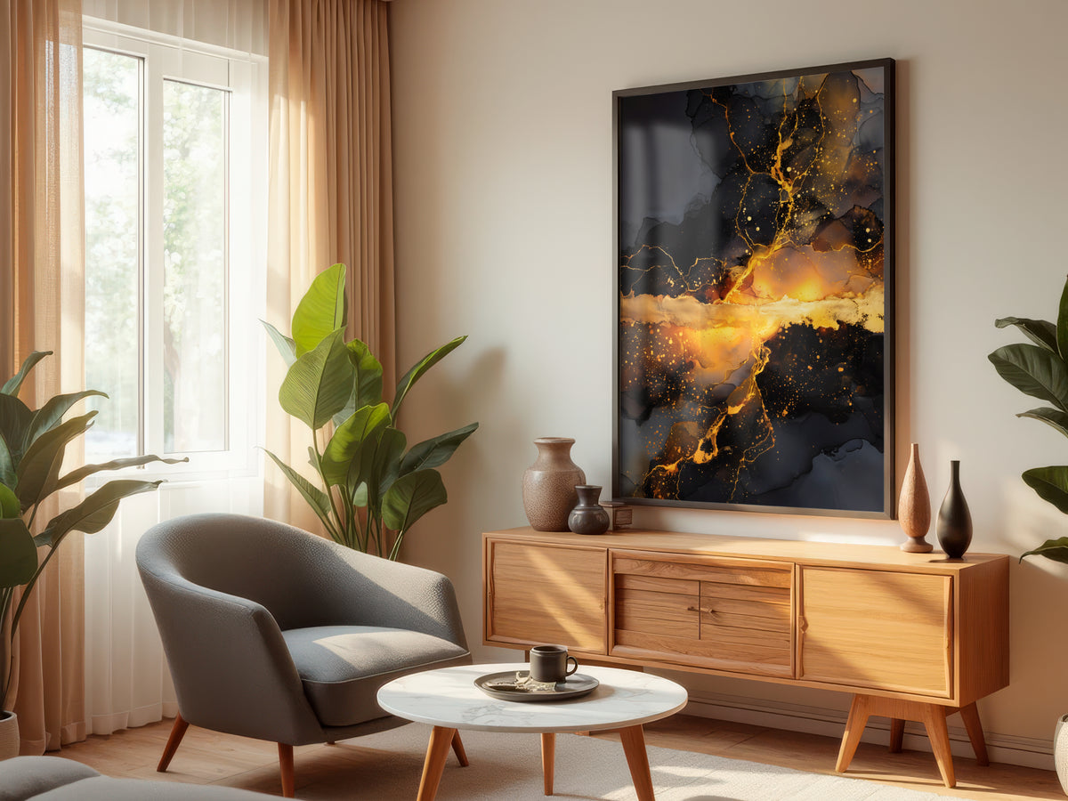 Obsidian Gold abstract print displayed in a styled interior — living room hero mockup