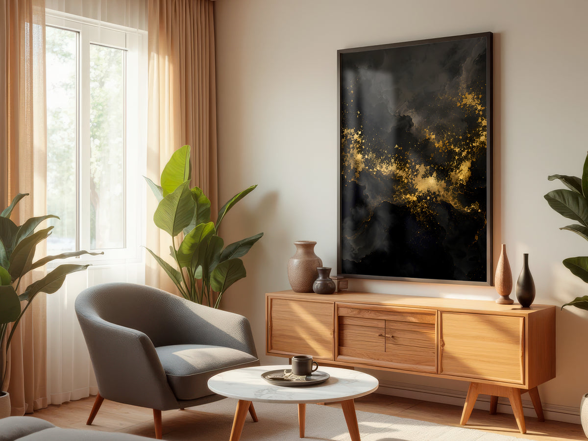Obsidian Gold Drift displayed in a styled interior — dark luxury and moody contemporary interior