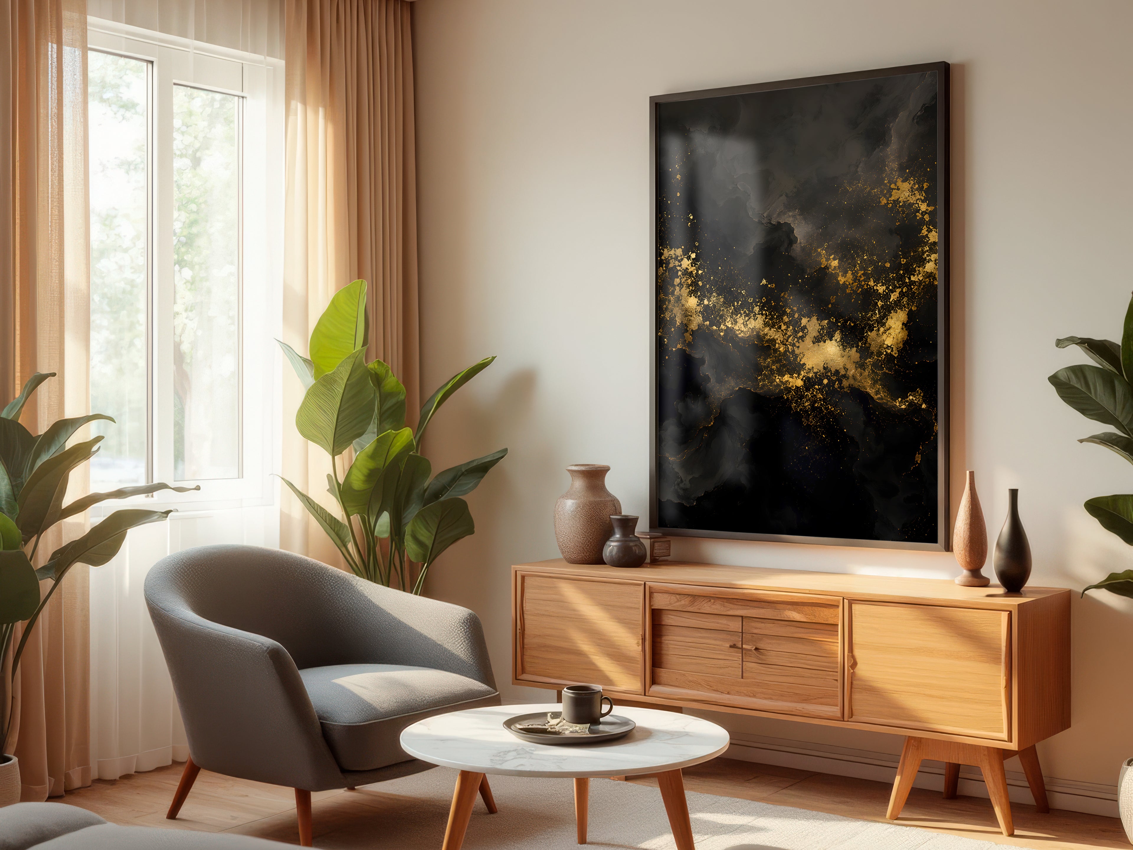 Obsidian Gold Drift displayed in a styled interior — dark luxury and moody contemporary interior