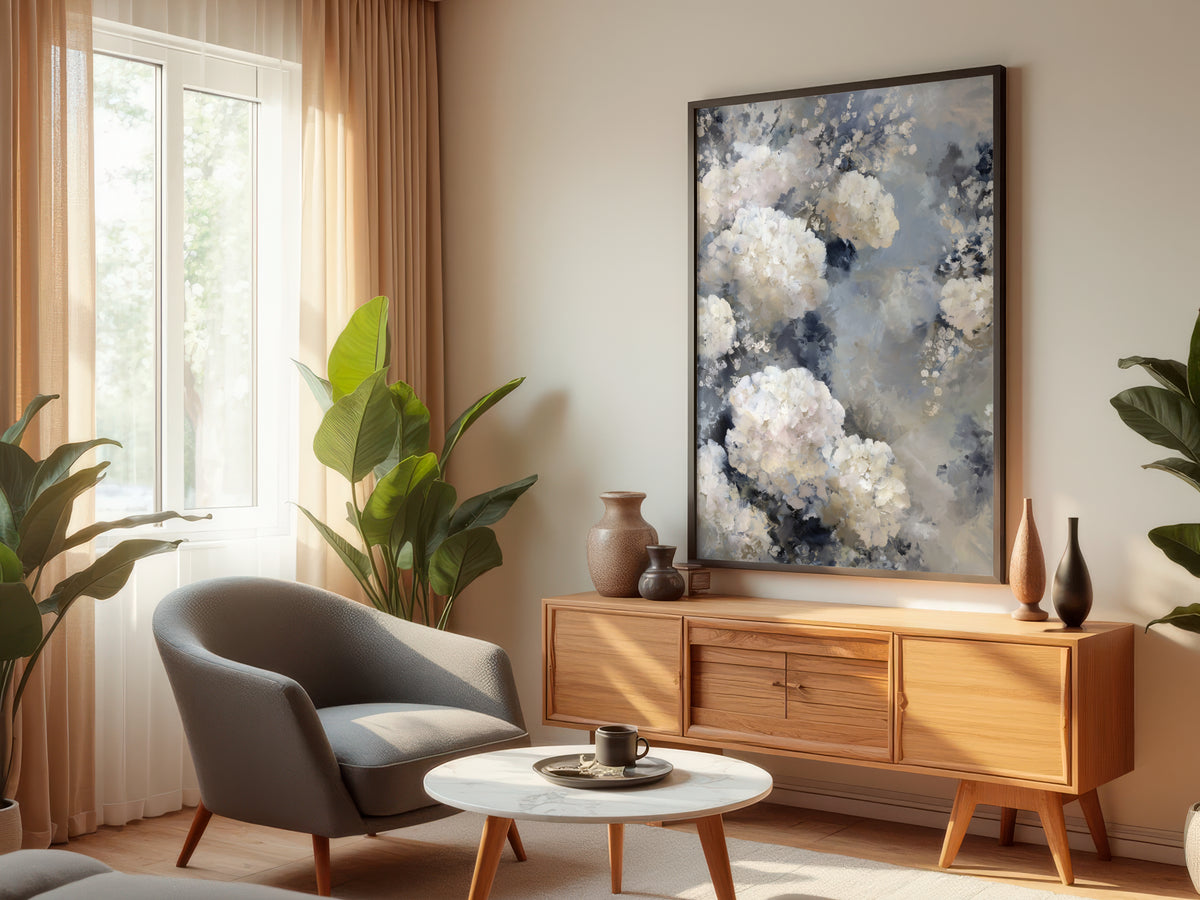 Pearl Grey Bloom displayed in a styled interior — premium interior with cool, neutral, grey, or white walls