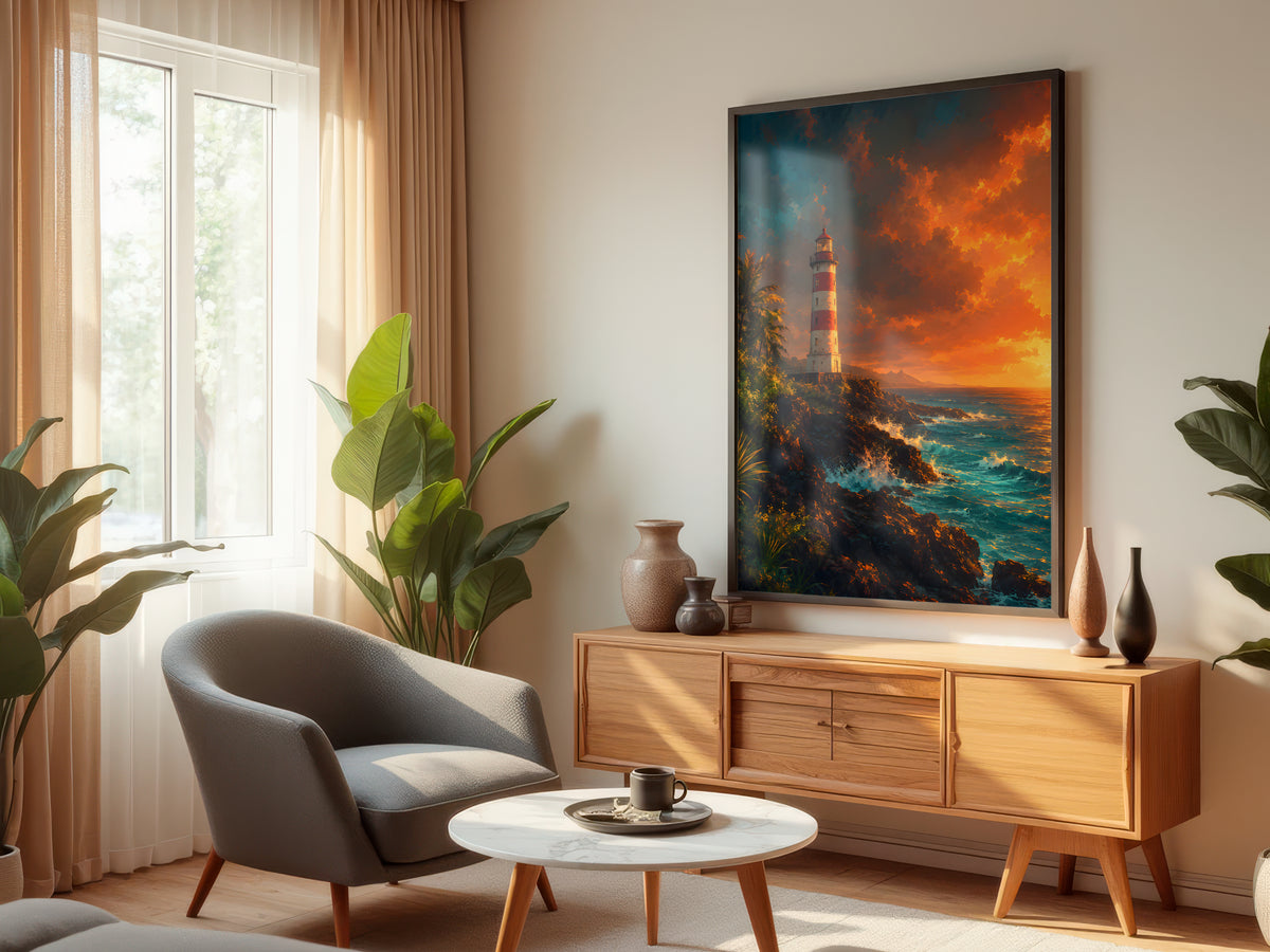 Albion Lighthouse displayed in a styled interior — Mauritius lighthouse coastal wall art above console